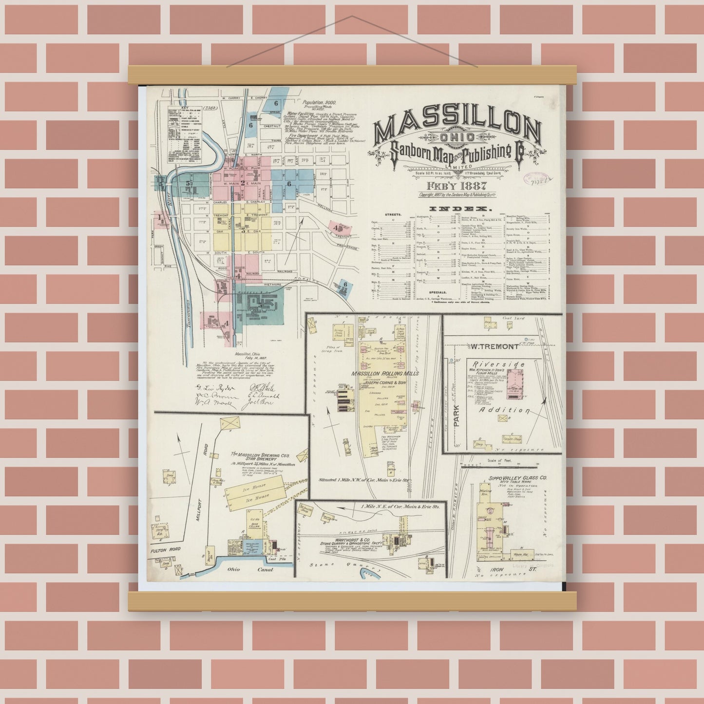 Old map wall art mockup — magnetic wood frame on brick wall — Sanborn Fire Insurance Map from Massillon, Stark County, Ohio (1887) - Complete Map Set