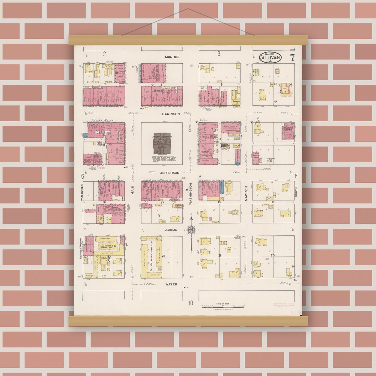 Old map wall art mockup — magnetic wood frame on brick wall — Sanborn Fire Insurance Map from Sullivan, Moultrie County, Illinois (1922), Sheet #0007