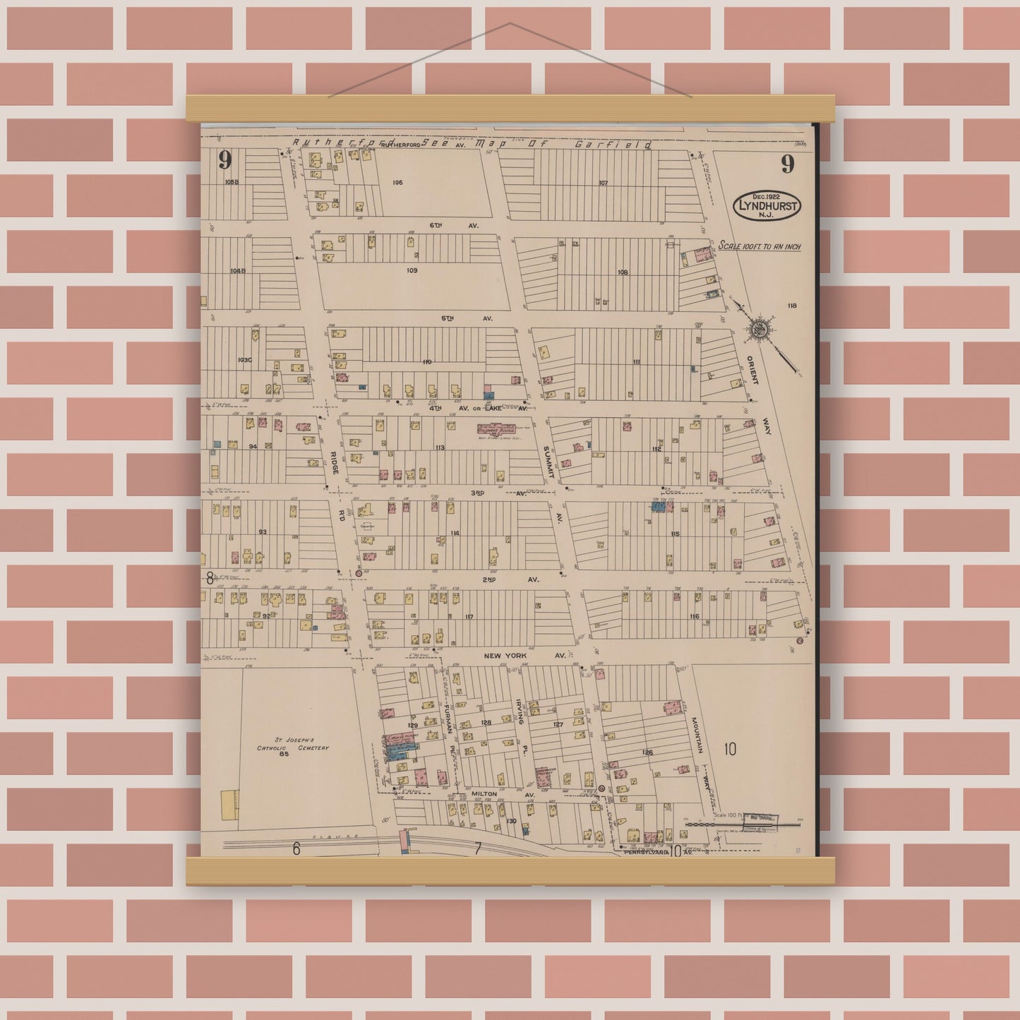 Old map wall art mockup — magnetic wood frame on brick wall — Sanborn Fire Insurance Map from Lyndhurst, Bergen County, New Jersey (1922), Sheet #0009