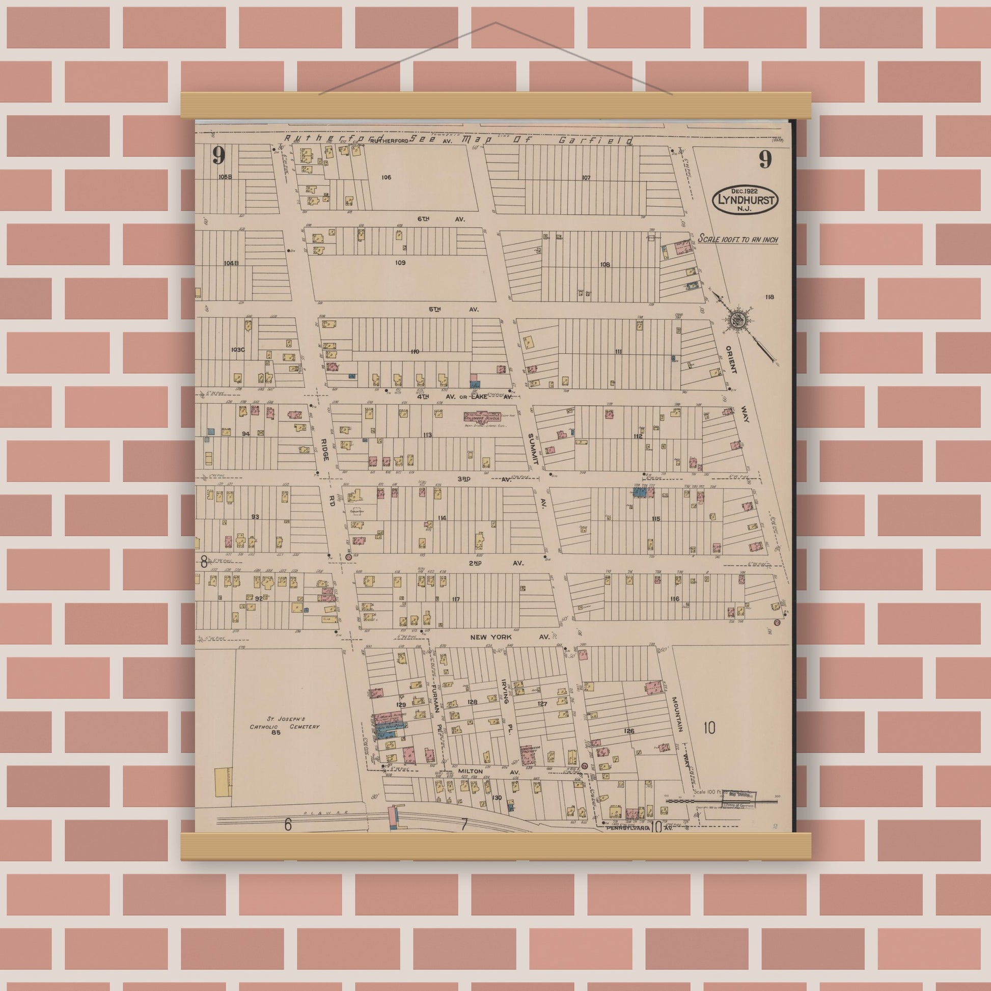 Old map wall art mockup — magnetic wood frame on brick wall — Sanborn Fire Insurance Map from Lyndhurst, Bergen County, New Jersey (1922), Sheet #0009