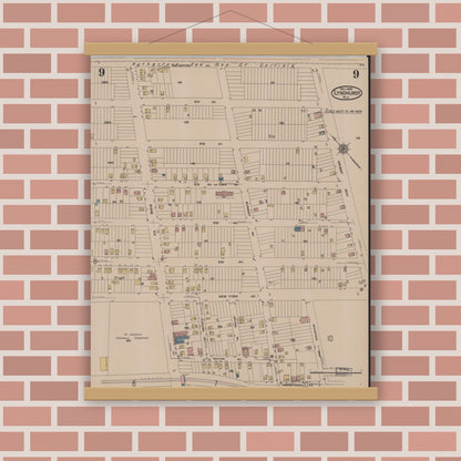 Old map wall art mockup — magnetic wood frame on brick wall — Sanborn Fire Insurance Map from Lyndhurst, Bergen County, New Jersey (1922), Sheet #0009