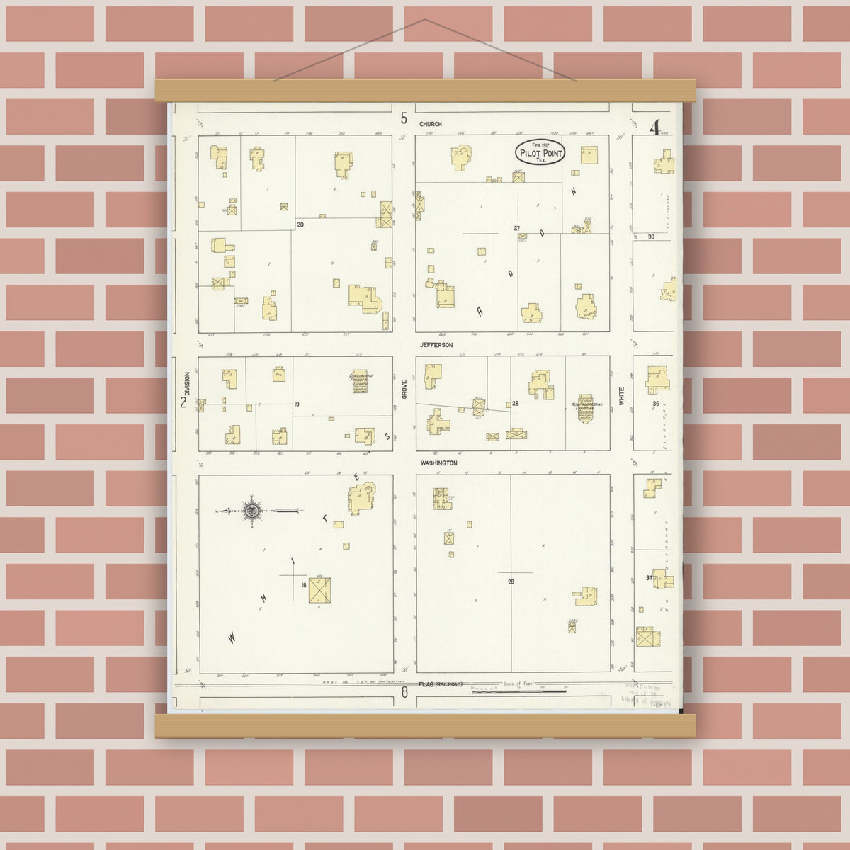 Old map wall art mockup — magnetic wood frame on brick wall — Sanborn Fire Insurance Map from Pilot Point, Denton County, Texas (1912), Sheet #0004