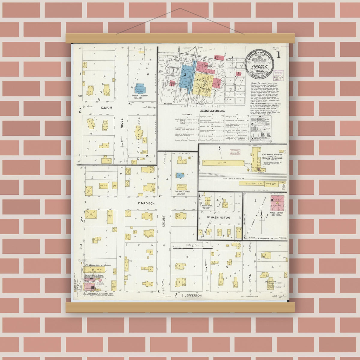 Old map wall art mockup — magnetic wood frame on brick wall — Sanborn Fire Insurance Map from Arcola, Douglas County, Illinois (1907) - Complete Map Set