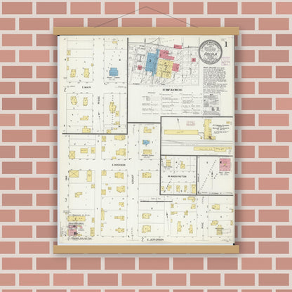 Old map wall art mockup — magnetic wood frame on brick wall — Sanborn Fire Insurance Map from Arcola, Douglas County, Illinois (1907) - Complete Map Set