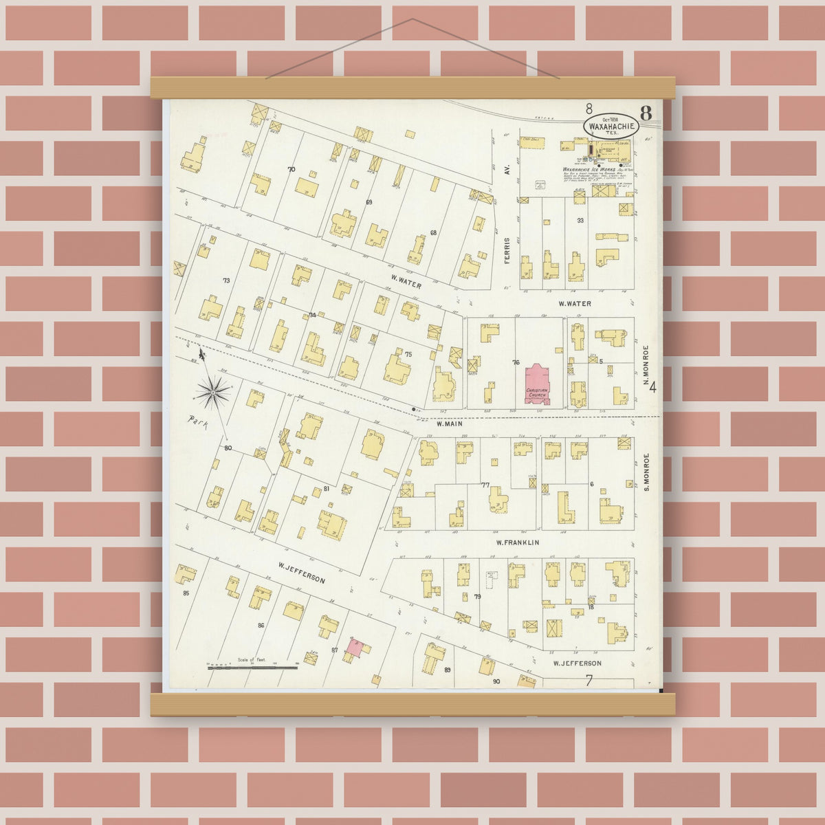 Old map wall art mockup — magnetic wood frame on brick wall — Sanborn Fire Insurance Map from Waxahachie, Ellis County, Texas (1898), Sheet #0008