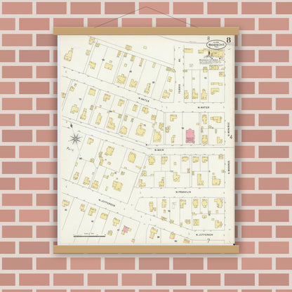Old map wall art mockup — magnetic wood frame on brick wall — Sanborn Fire Insurance Map from Waxahachie, Ellis County, Texas (1898), Sheet #0008