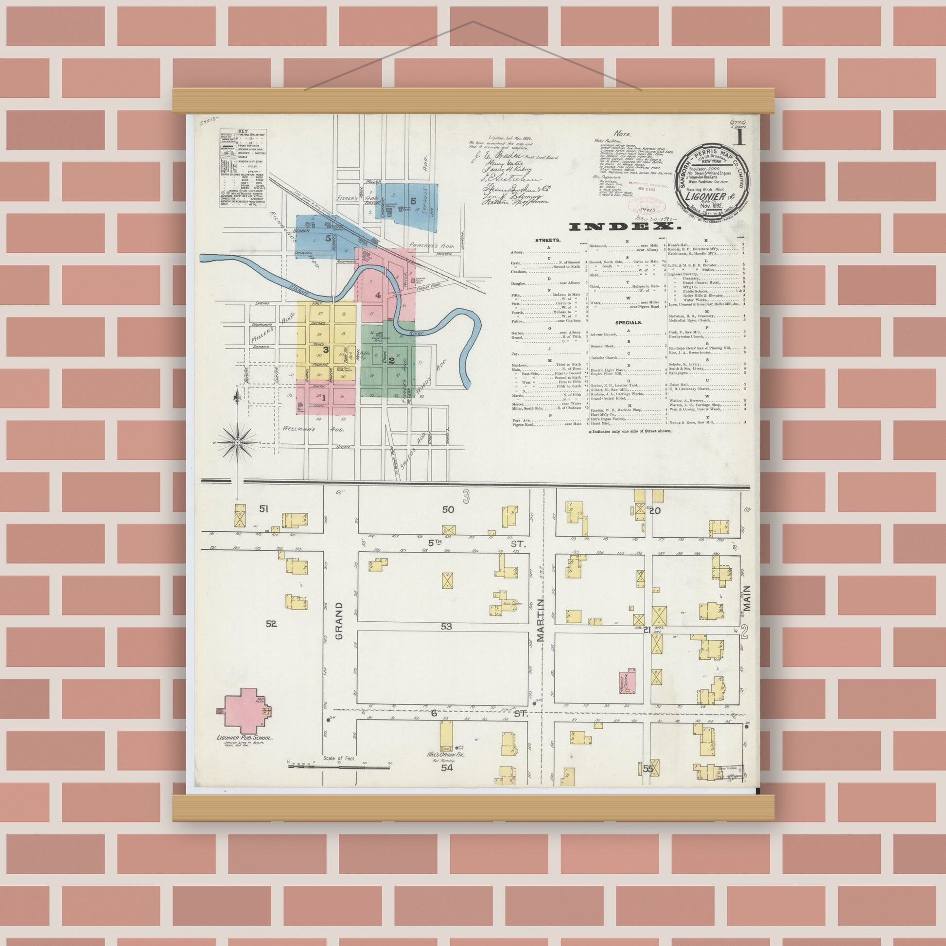 Old map wall art mockup — magnetic wood frame on brick wall — Sanborn Fire Insurance Map from Ligonier, Noble County, Indiana (1892) - Complete Map Set