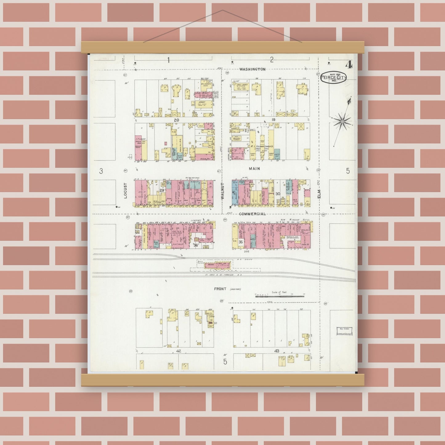 Old map wall art mockup — magnetic wood frame on brick wall — Sanborn Fire Insurance Map from Pierce City, Lawrence County, Missouri (1902), Sheet #0004