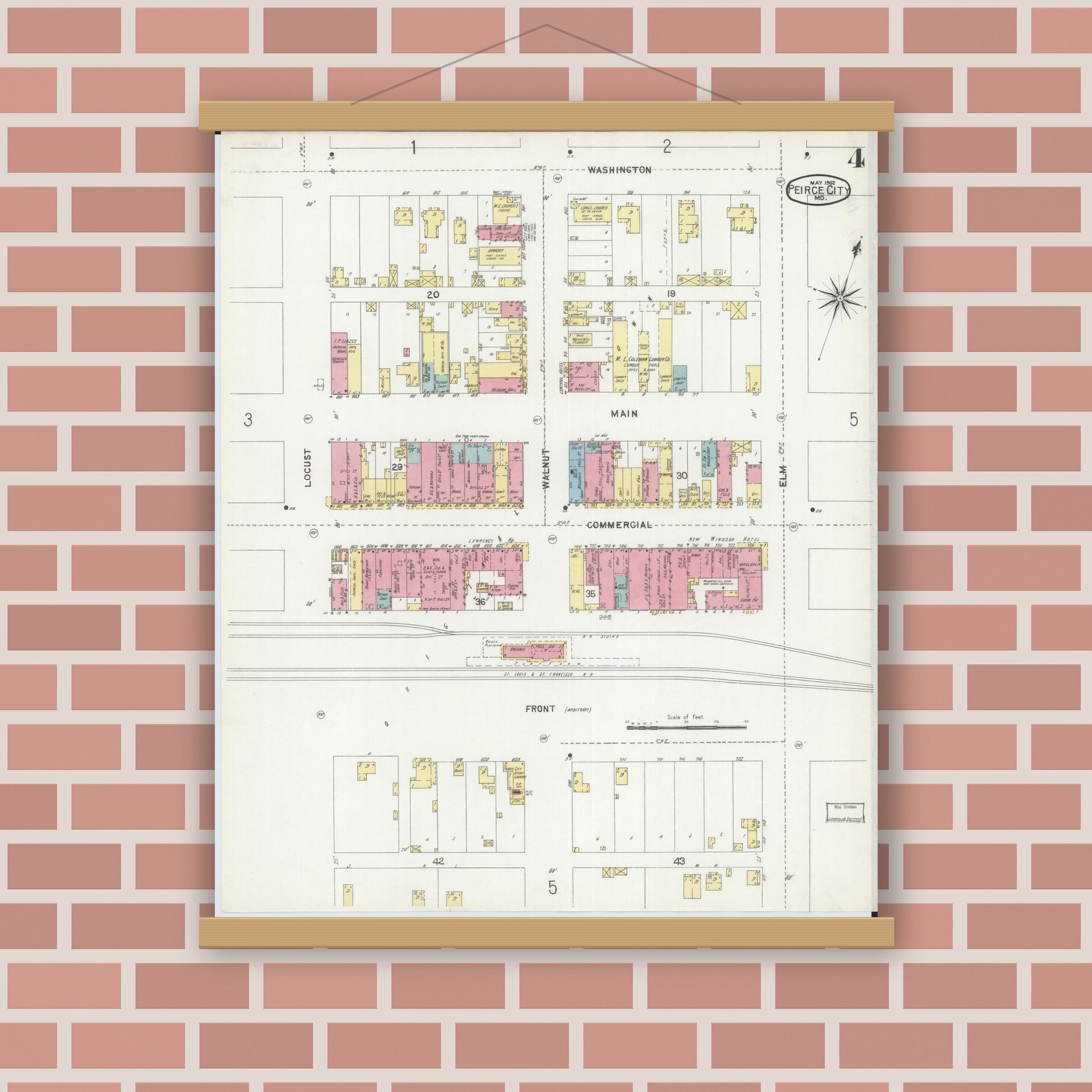 Old map wall art mockup — magnetic wood frame on brick wall — Sanborn Fire Insurance Map from Pierce City, Lawrence County, Missouri (1902), Sheet #0004