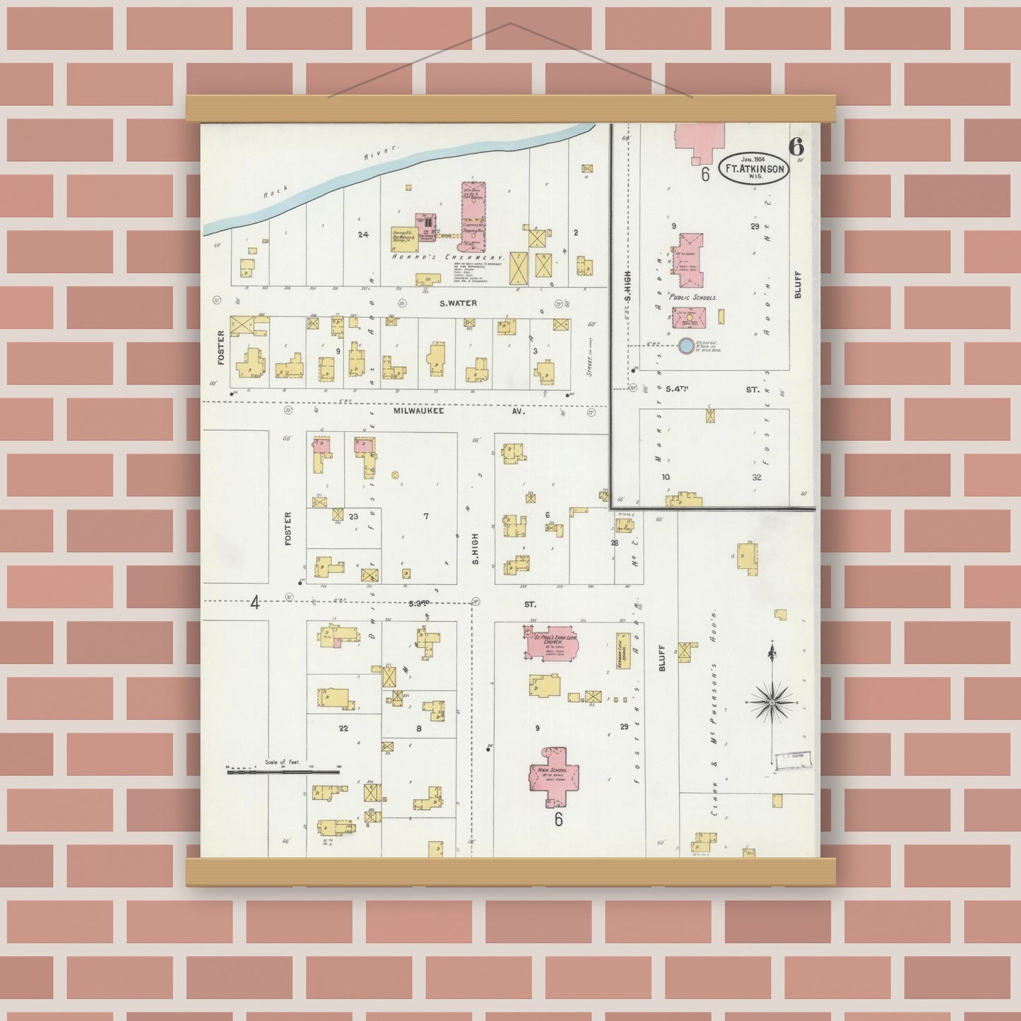 Old map wall art mockup — magnetic wood frame on brick wall — Sanborn Fire Insurance Map from Fort Atkinson, Jefferson County, Wisconsin (1904), Sheet #0006