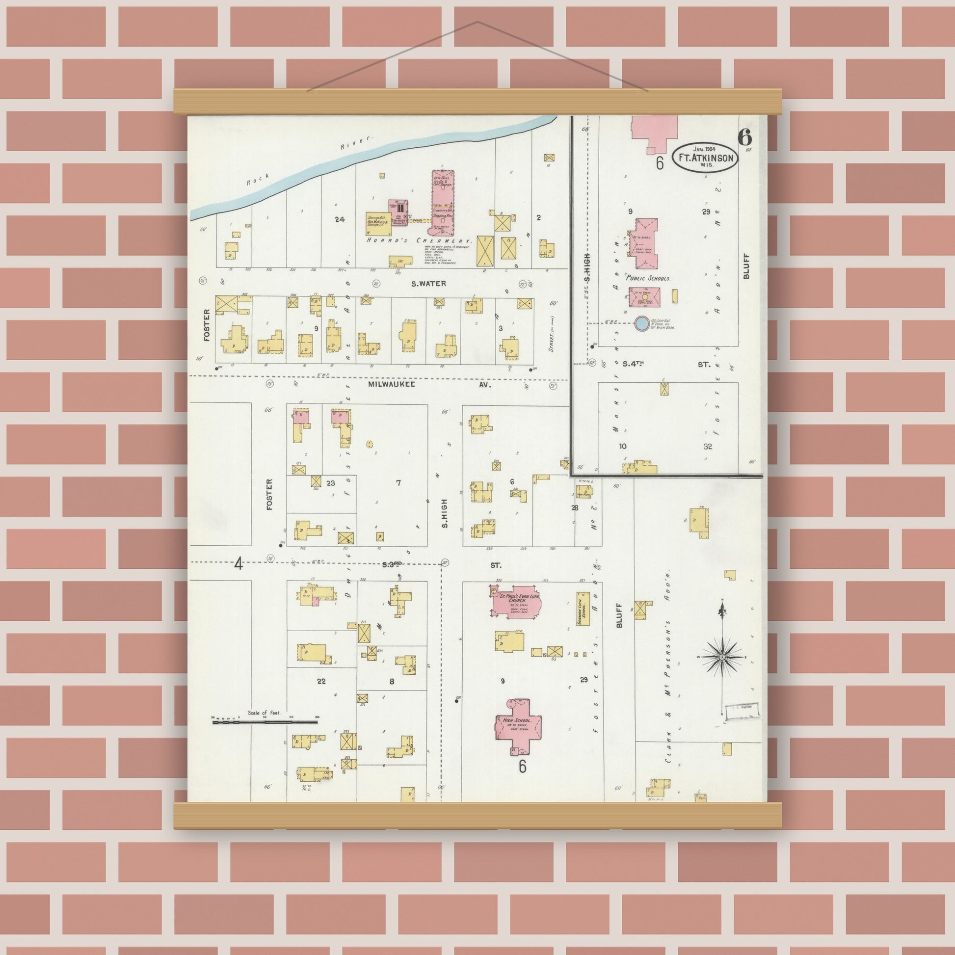 Old map wall art mockup — magnetic wood frame on brick wall — Sanborn Fire Insurance Map from Fort Atkinson, Jefferson County, Wisconsin (1904), Sheet #0006