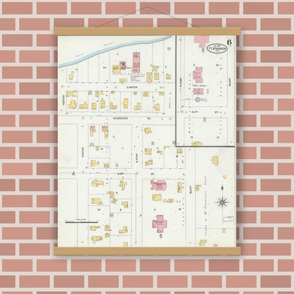 Old map wall art mockup — magnetic wood frame on brick wall — Sanborn Fire Insurance Map from Fort Atkinson, Jefferson County, Wisconsin (1904), Sheet #0006
