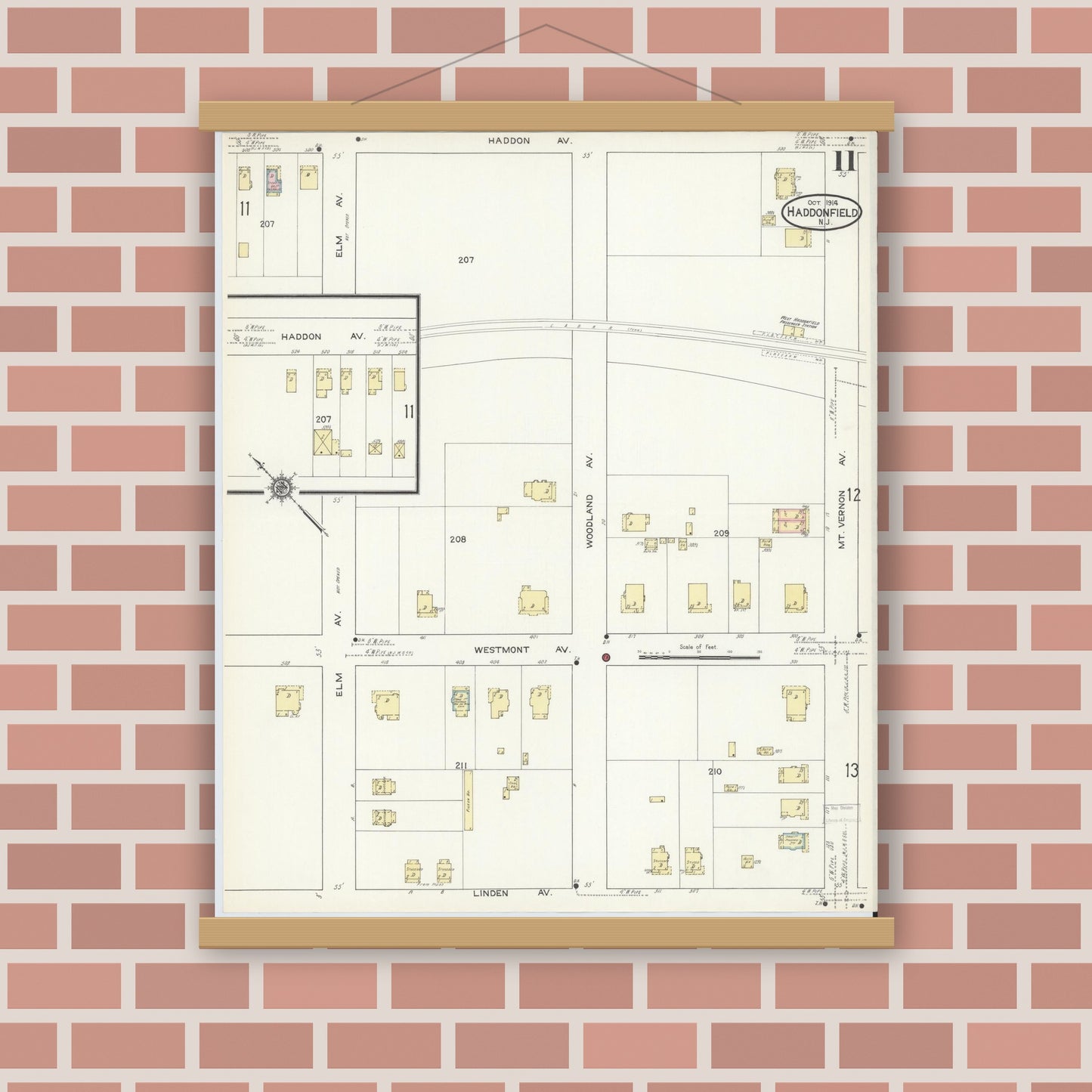Old map wall art mockup — magnetic wood frame on brick wall — Sanborn Fire Insurance Map from Haddonfield, Camden County, New Jersey (1914), Sheet #0011
