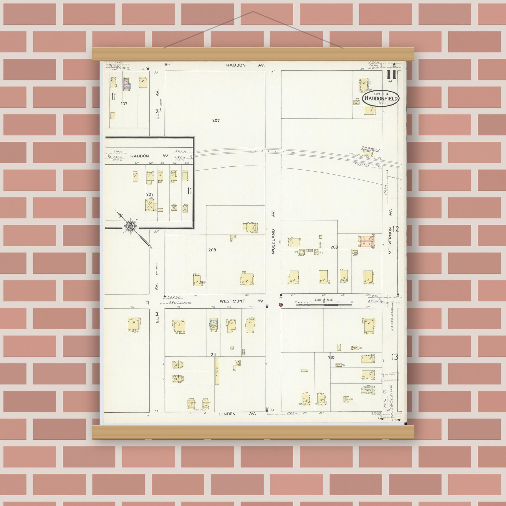 Old map wall art mockup — magnetic wood frame on brick wall — Sanborn Fire Insurance Map from Haddonfield, Camden County, New Jersey (1914), Sheet #0011