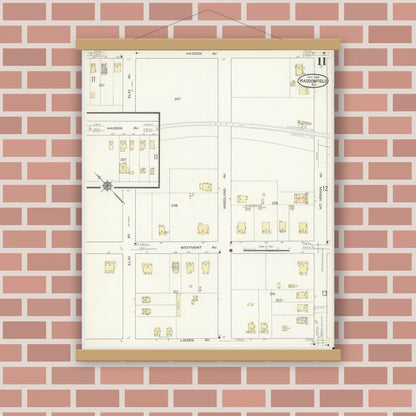 Old map wall art mockup — magnetic wood frame on brick wall — Sanborn Fire Insurance Map from Haddonfield, Camden County, New Jersey (1914), Sheet #0011
