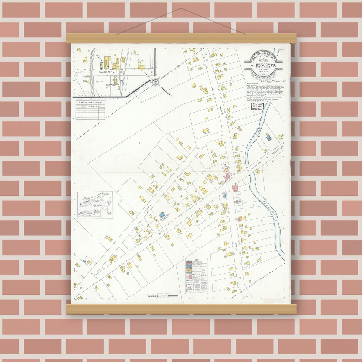 Old map wall art mockup — magnetic wood frame on brick wall — Sanborn Fire Insurance Map from Alexander, Genesee County, New York (1933), Sheet #0001