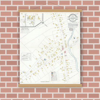 Old map wall art mockup — magnetic wood frame on brick wall — Sanborn Fire Insurance Map from Alexander, Genesee County, New York (1933), Sheet #0001