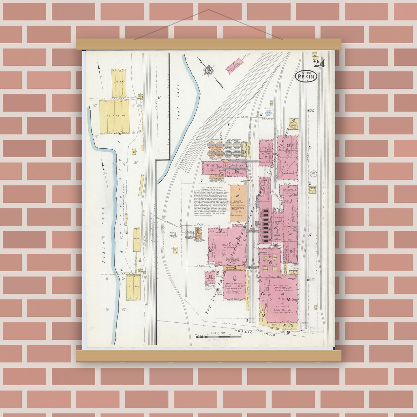 Old map wall art mockup — magnetic wood frame on brick wall — Sanborn Fire Insurance Map from Pekin, Tazewell County, Illinois (1916), Sheet #0024