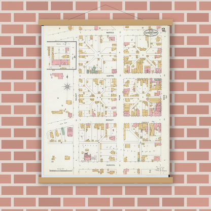 Old map wall art mockup — magnetic wood frame on brick wall — Sanborn Fire Insurance Map from Germantown, Montgomery County, Ohio (1899), Sheet #0002