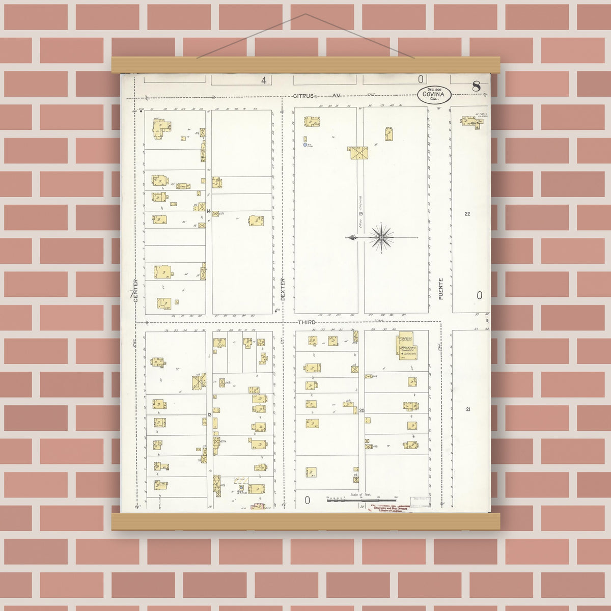 Old map wall art mockup — magnetic wood frame on brick wall — Sanborn Fire Insurance Map from Covina, Los Angeles County, California (1906), Sheet #0008