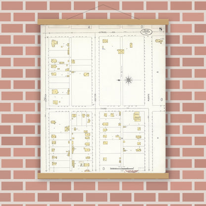 Old map wall art mockup — magnetic wood frame on brick wall — Sanborn Fire Insurance Map from Covina, Los Angeles County, California (1906), Sheet #0008
