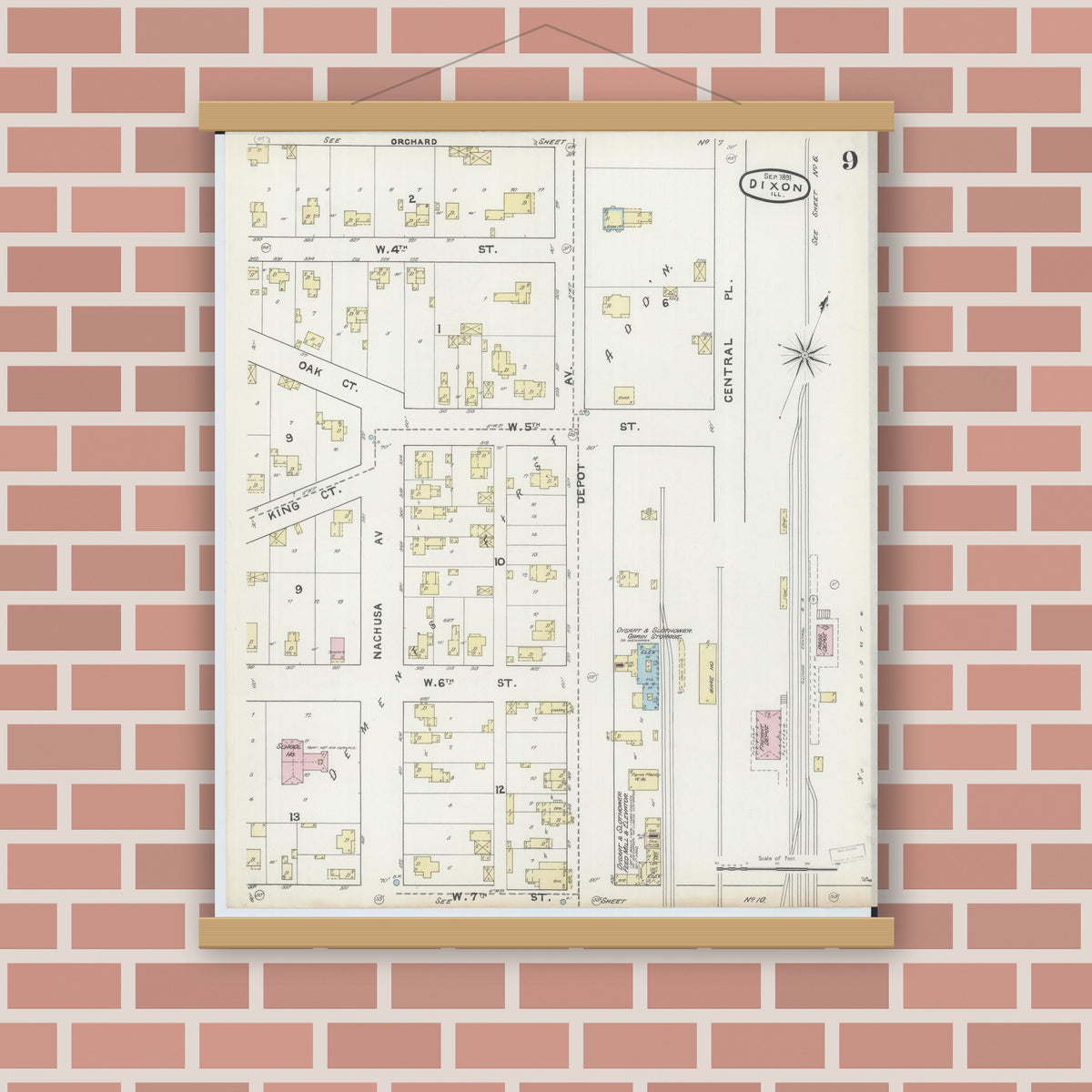Old map wall art mockup — magnetic wood frame on brick wall — Sanborn Fire Insurance Map from Dixon, Lee County, Illinois (1891), Sheet #0009