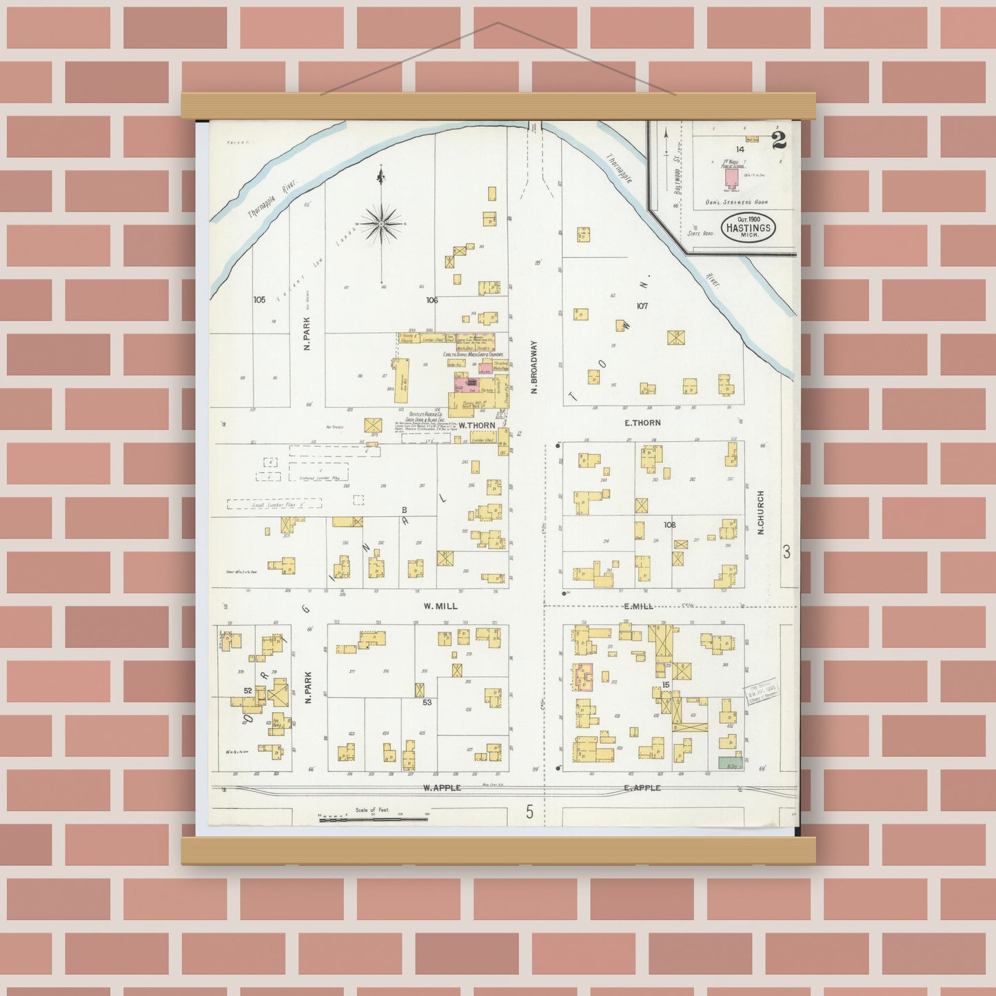 Old map wall art mockup — magnetic wood frame on brick wall — Sanborn Fire Insurance Map from Hastings, Barry County, Michigan (1900), Sheet #0002
