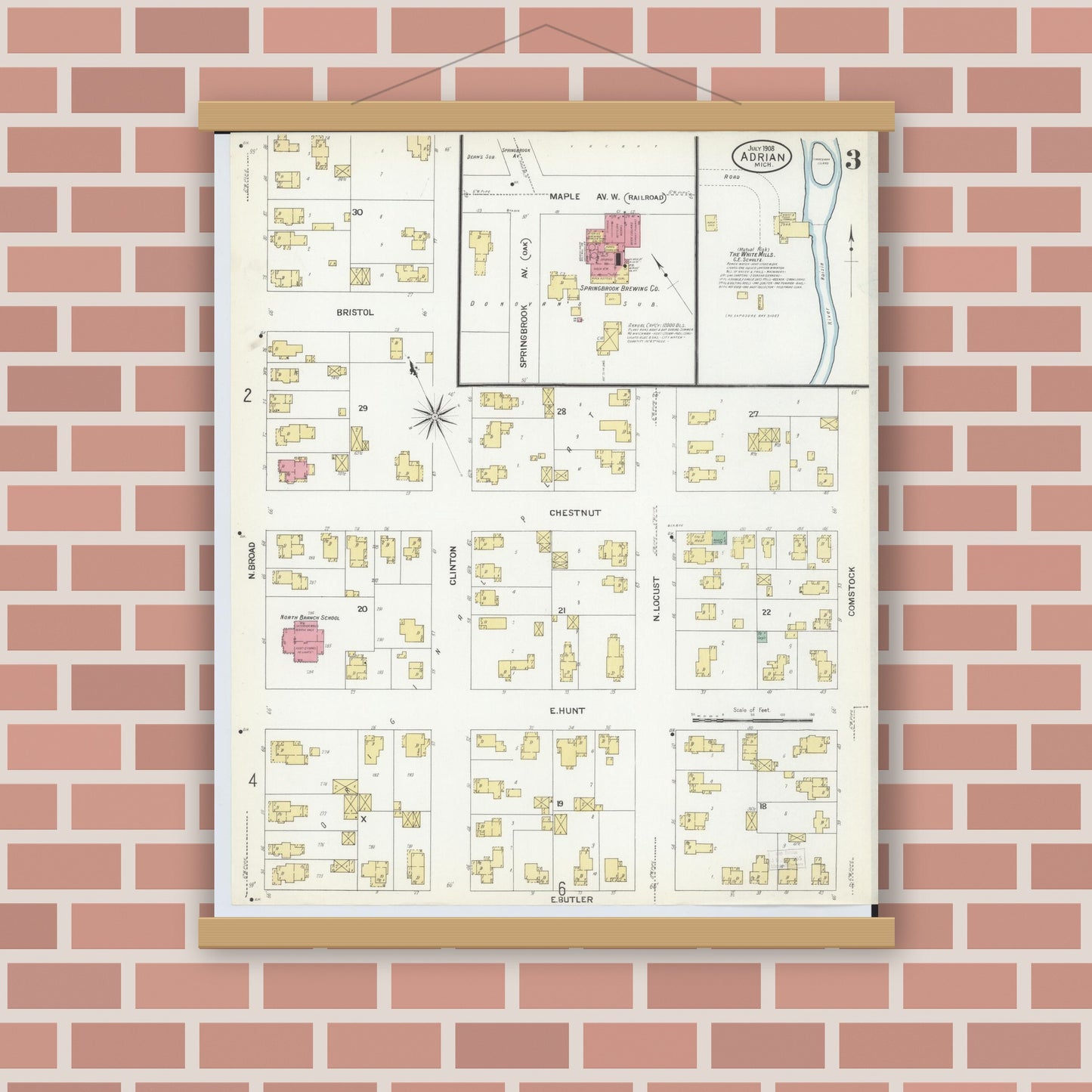 Old map wall art mockup — magnetic wood frame on brick wall — Sanborn Fire Insurance Map from Adrian, Lenawee County, Michigan (1908), Sheet #0003