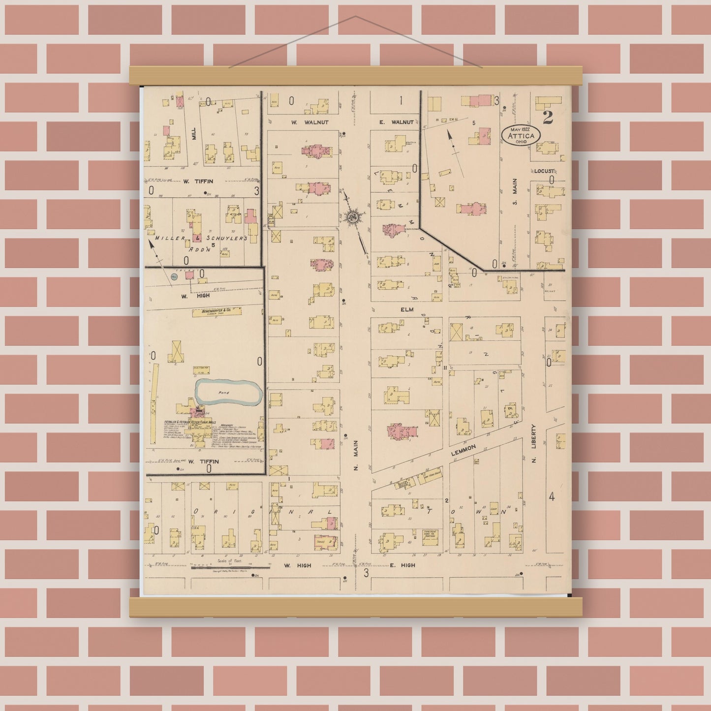 Old map wall art mockup — magnetic wood frame on brick wall — Sanborn Fire Insurance Map from Attica, Seneca County, Ohio (1922), Sheet #0002