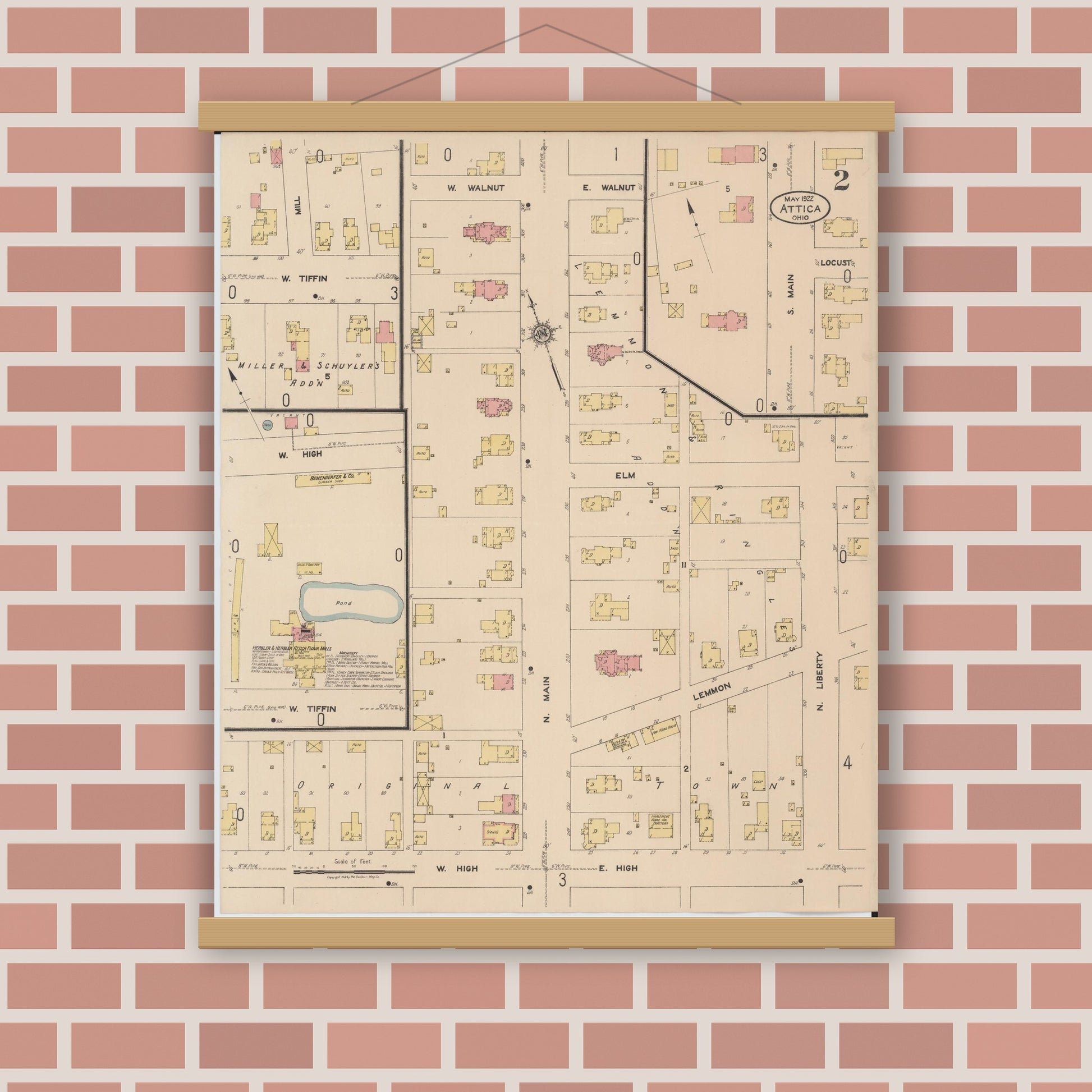 Old map wall art mockup — magnetic wood frame on brick wall — Sanborn Fire Insurance Map from Attica, Seneca County, Ohio (1922), Sheet #0002