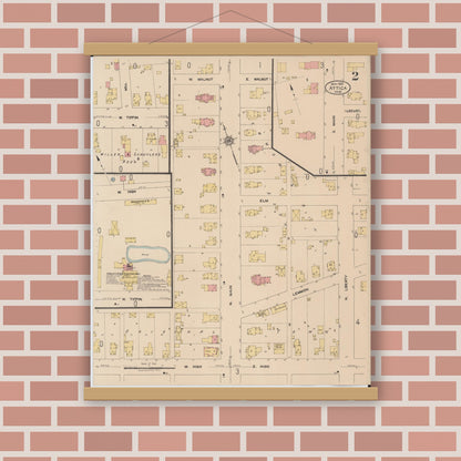Old map wall art mockup — magnetic wood frame on brick wall — Sanborn Fire Insurance Map from Attica, Seneca County, Ohio (1922), Sheet #0002