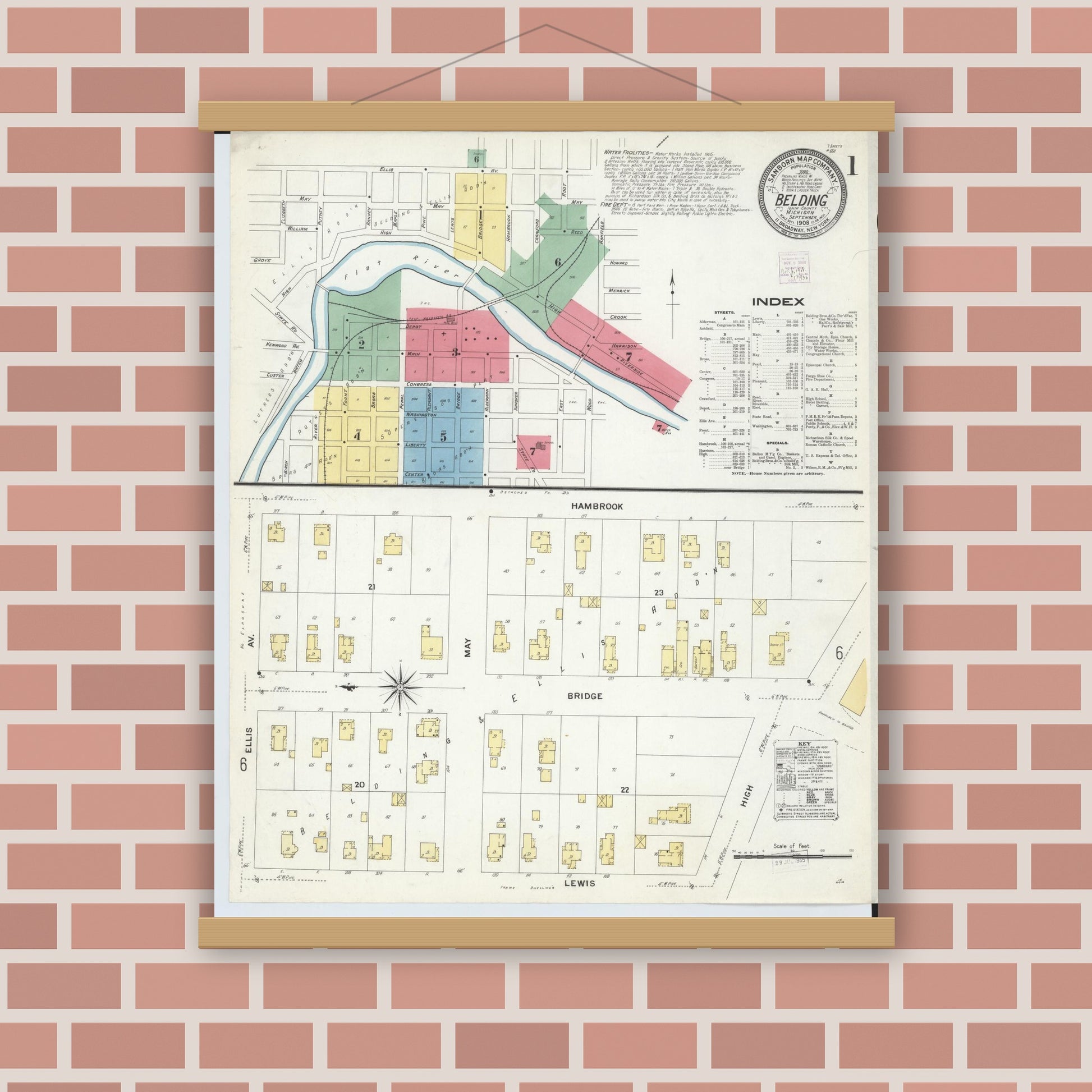 Old map wall art mockup — magnetic wood frame on brick wall — Sanborn Fire Insurance Map from Belding, Ionia County, Michigan (1908), Sheet #0001
