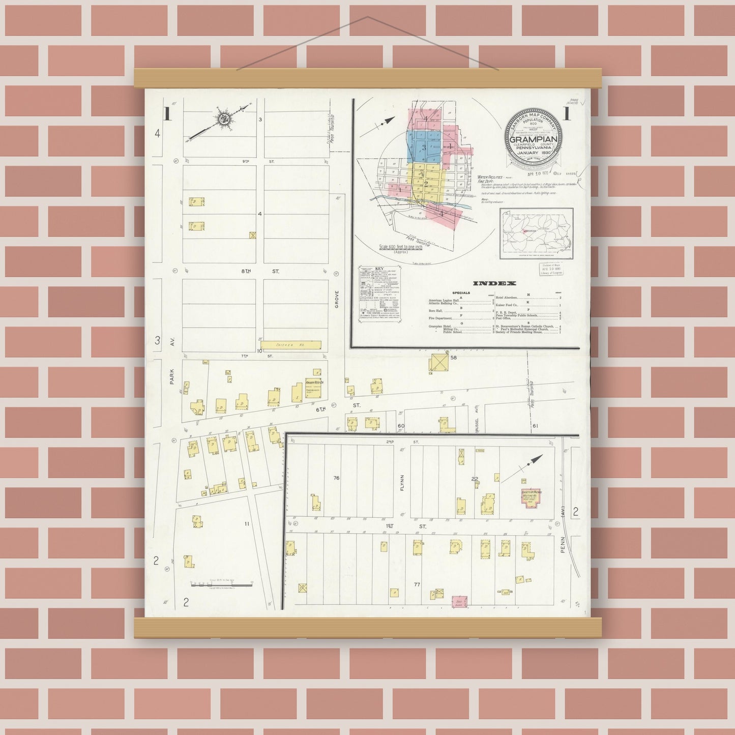 Old map wall art mockup — magnetic wood frame on brick wall — Sanborn Fire Insurance Map from Grampian, Clearfield County, Pennsylvania (1930) - Complete Map Set