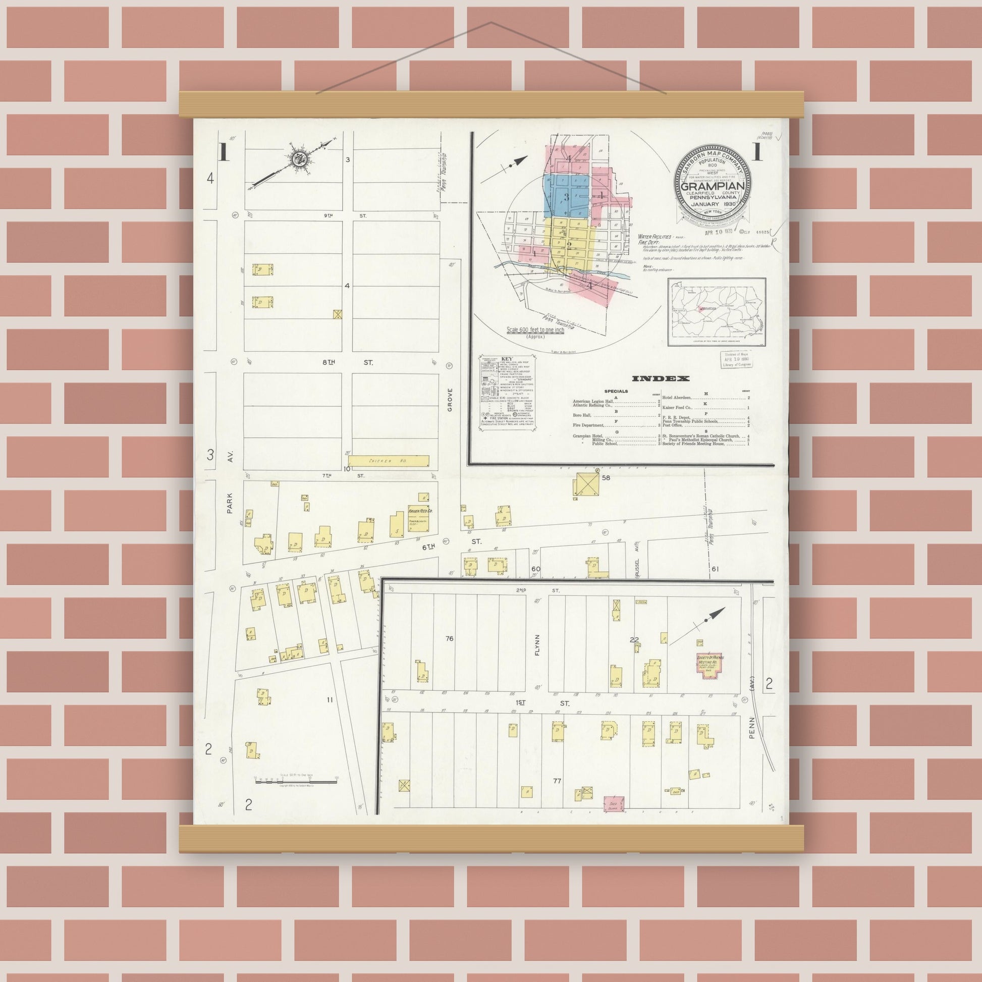 Old map wall art mockup — magnetic wood frame on brick wall — Sanborn Fire Insurance Map from Grampian, Clearfield County, Pennsylvania (1930) - Complete Map Set