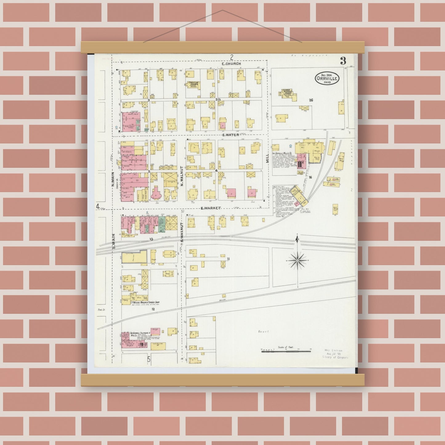 Old map wall art mockup — magnetic wood frame on brick wall — Sanborn Fire Insurance Map from Orrville, Wayne County, Ohio (1904), Sheet #0003
