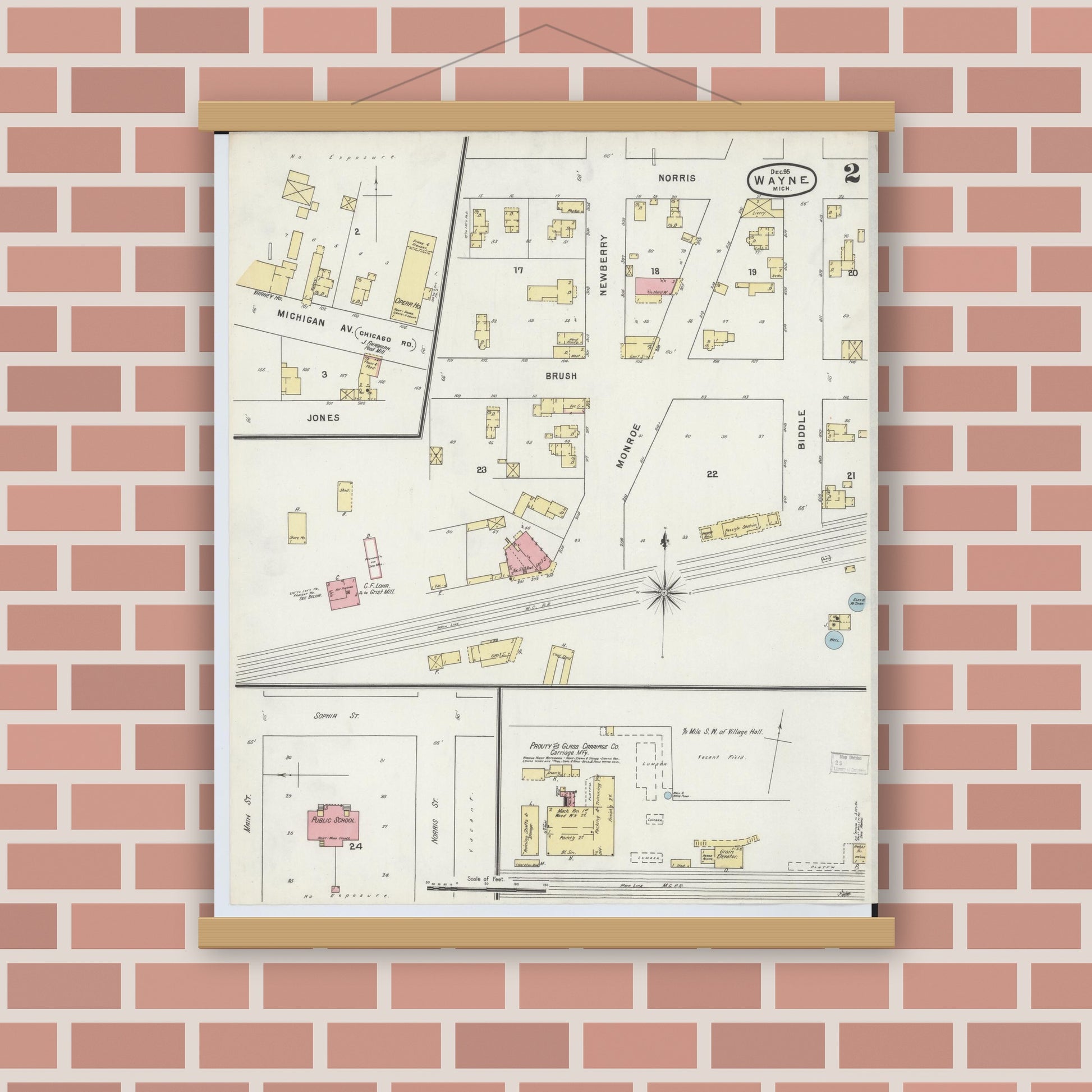Old map wall art mockup — magnetic wood frame on brick wall — Sanborn Fire Insurance Map from Wayne, Wayne County, Michigan (1895), Sheet #0002