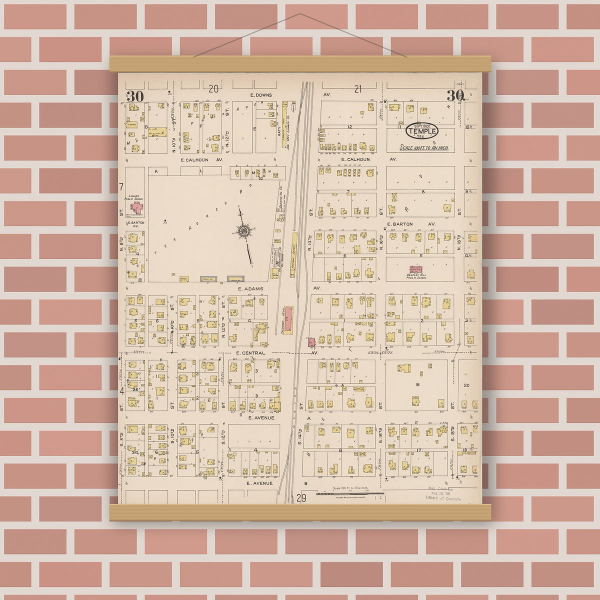 Old map wall art mockup — magnetic wood frame on brick wall — Sanborn Fire Insurance Map from Temple, Bell County, Texas (1922), Sheet #0030