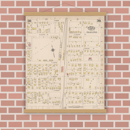 Old map wall art mockup — magnetic wood frame on brick wall — Sanborn Fire Insurance Map from Temple, Bell County, Texas (1922), Sheet #0030