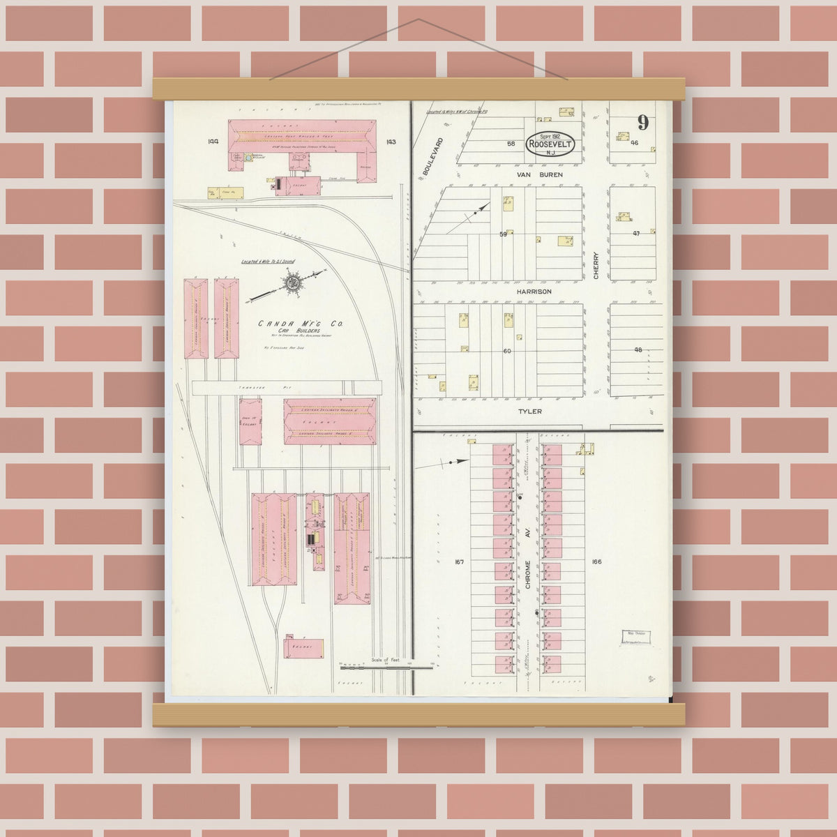 Old map wall art mockup — magnetic wood frame on brick wall — Sanborn Fire Insurance Map from Roosevelt, Middlesex County, New Jersey (1912), Sheet #0009