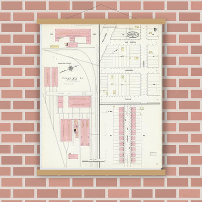 Old map wall art mockup — magnetic wood frame on brick wall — Sanborn Fire Insurance Map from Roosevelt, Middlesex County, New Jersey (1912), Sheet #0009