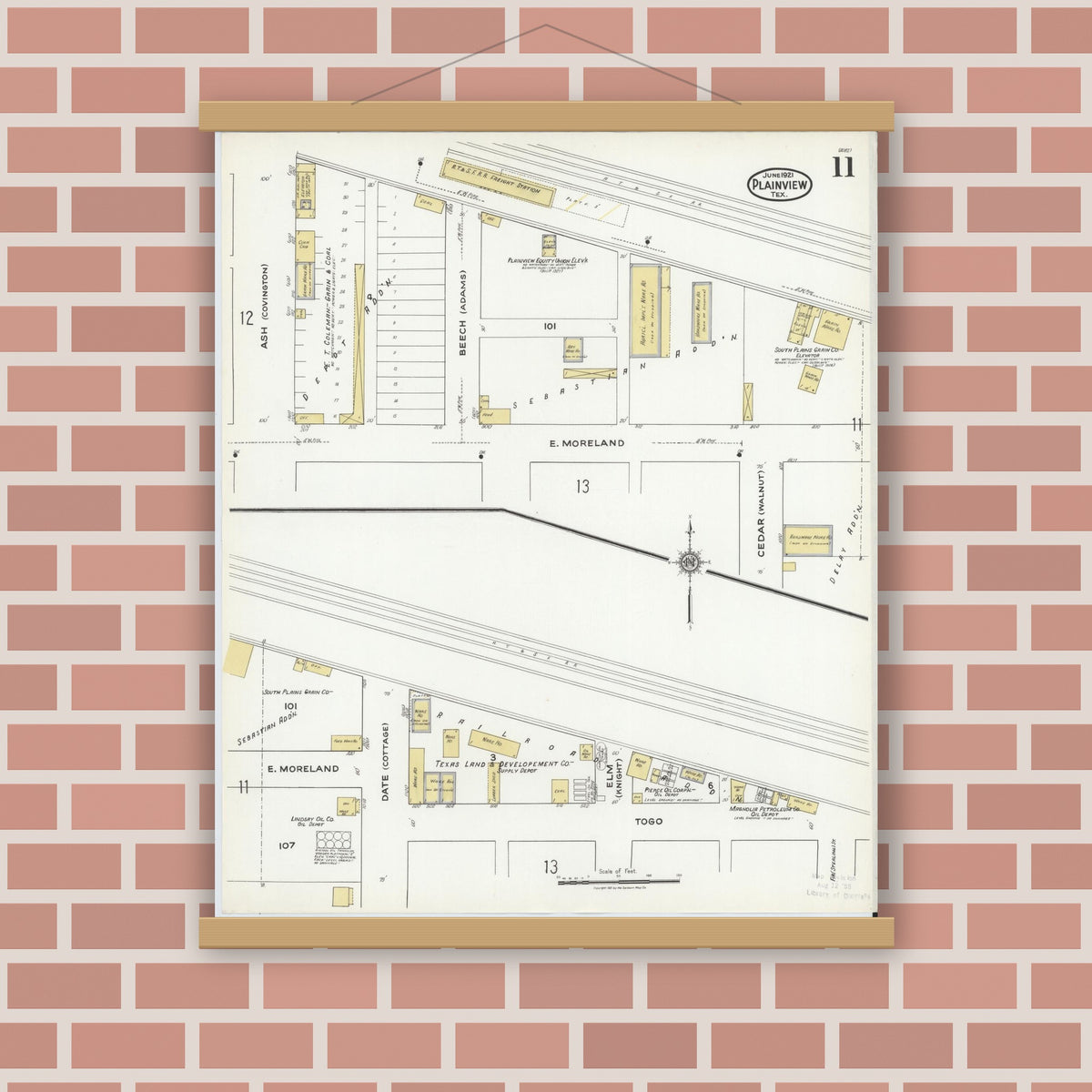 Old map wall art mockup — magnetic wood frame on brick wall — Sanborn Fire Insurance Map from Plainview, Hale County, Texas (1921), Sheet #0011