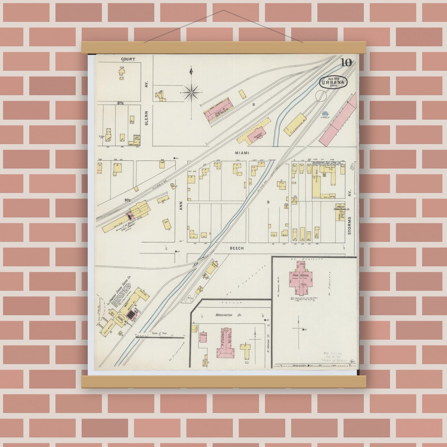 Old map wall art mockup — magnetic wood frame on brick wall — Sanborn Fire Insurance Map from Urbana, Champaign County, Ohio (1895), Sheet #0010