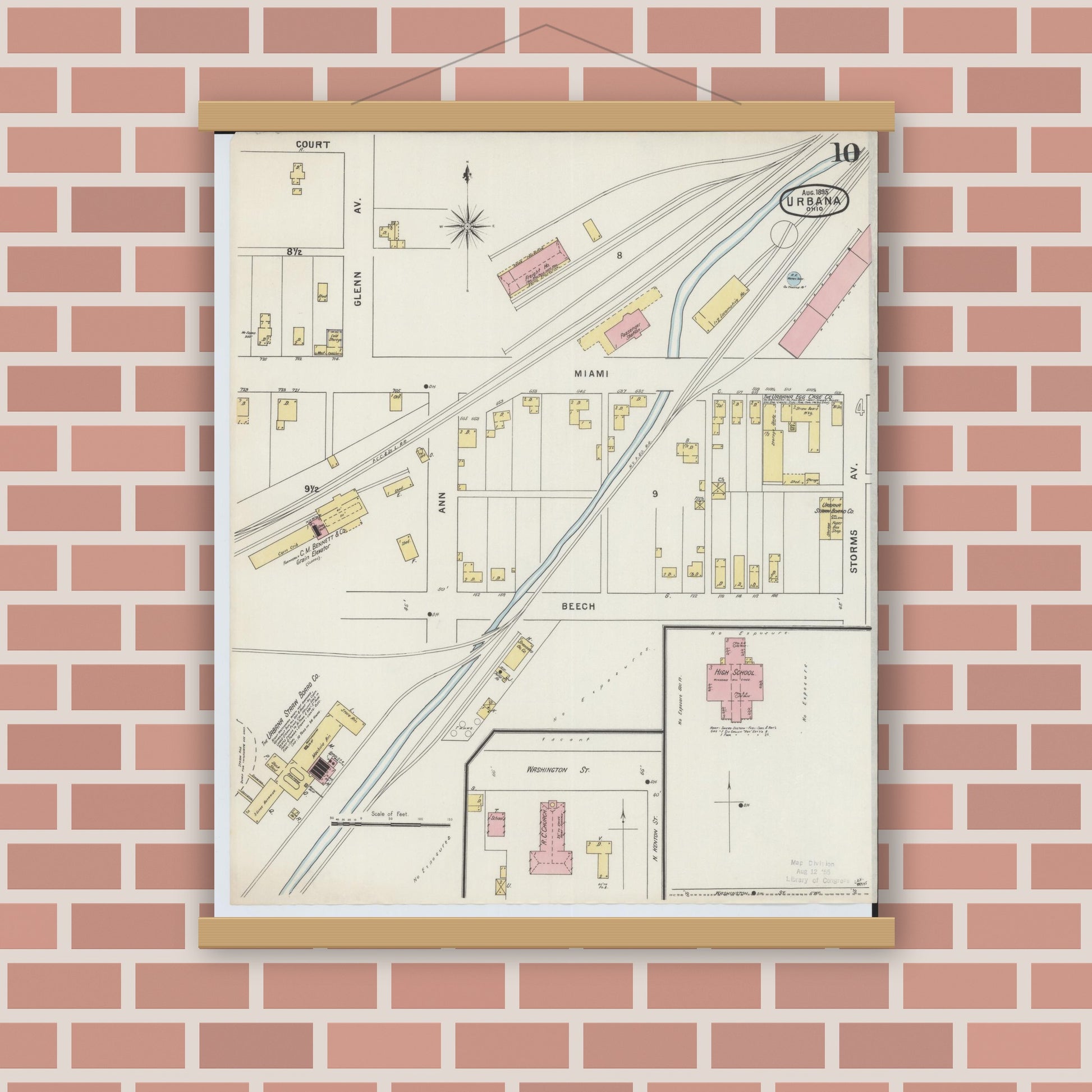 Old map wall art mockup — magnetic wood frame on brick wall — Sanborn Fire Insurance Map from Urbana, Champaign County, Ohio (1895), Sheet #0010