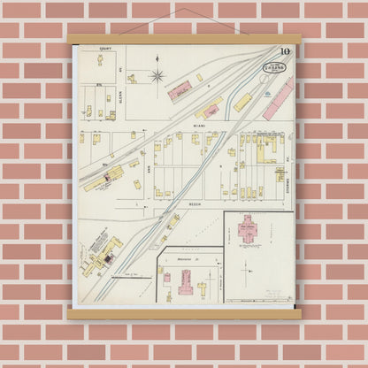 Old map wall art mockup — magnetic wood frame on brick wall — Sanborn Fire Insurance Map from Urbana, Champaign County, Ohio (1895), Sheet #0010