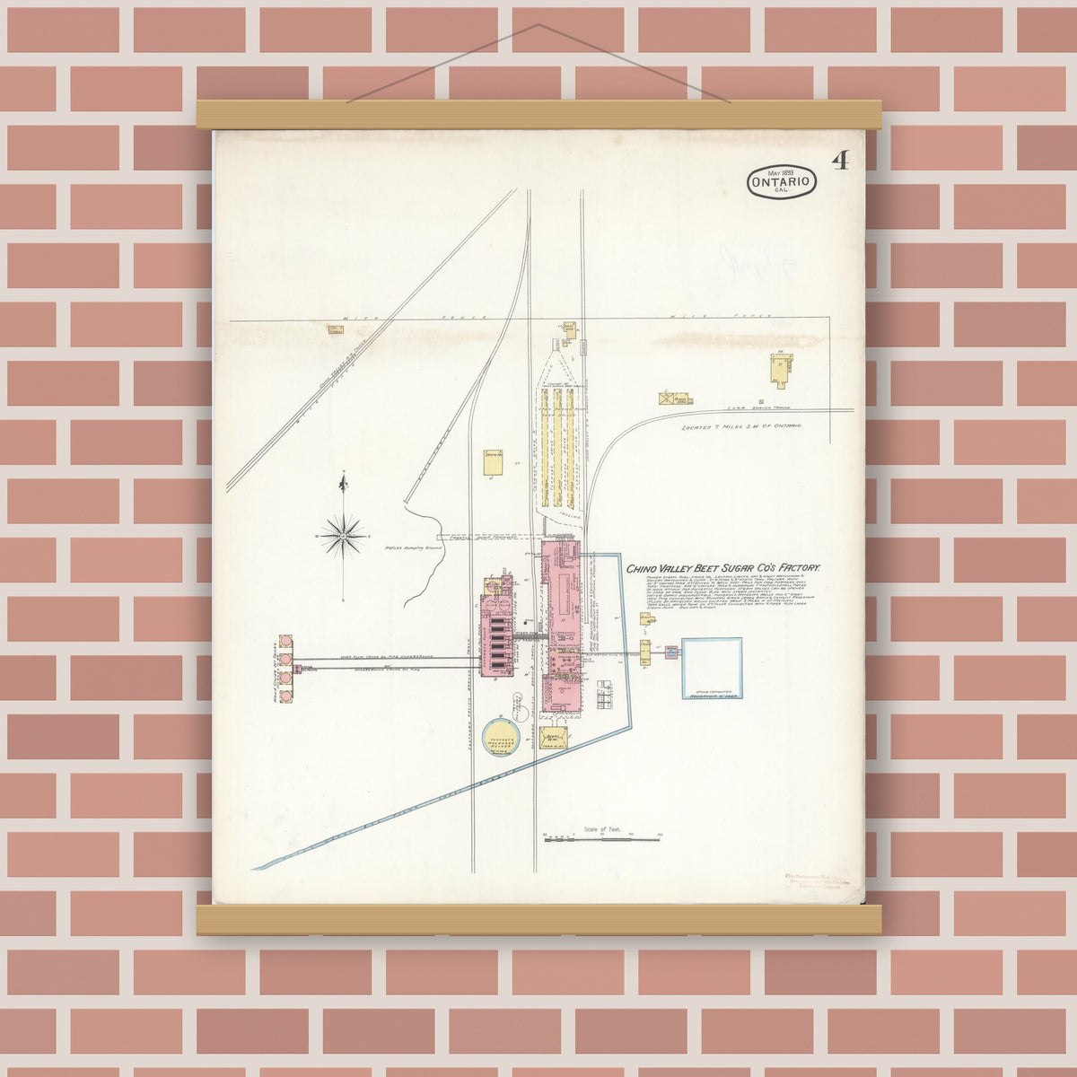 Old map wall art mockup — magnetic wood frame on brick wall — Sanborn Fire Insurance Map from Ontario, San Bernardino County, California (1893), Sheet #0004