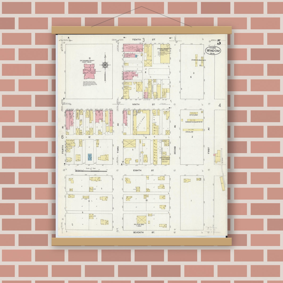 Old map wall art mockup — magnetic wood frame on brick wall — Sanborn Fire Insurance Map from Windom, Cottonwood County, Minnesota (1913), Sheet #0005