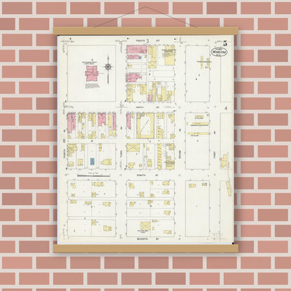 Old map wall art mockup — magnetic wood frame on brick wall — Sanborn Fire Insurance Map from Windom, Cottonwood County, Minnesota (1913), Sheet #0005