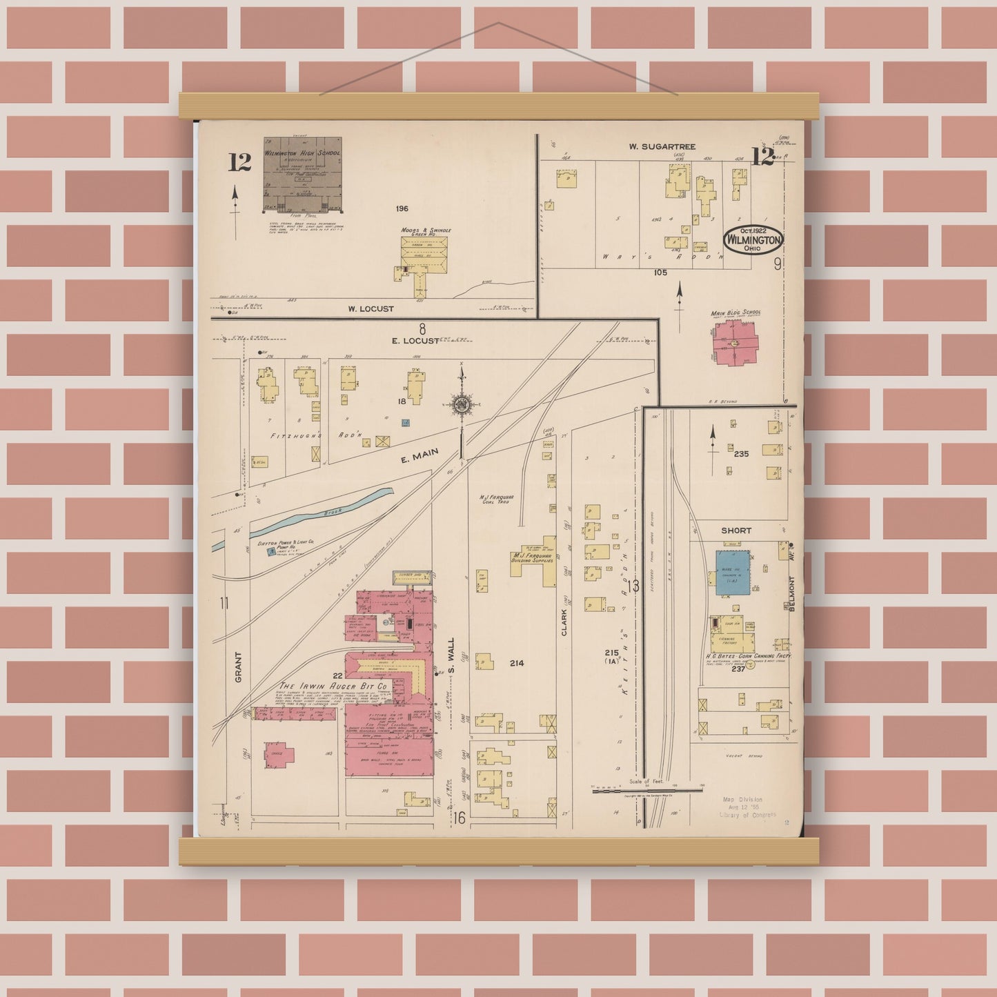 Old map wall art mockup — magnetic wood frame on brick wall — Sanborn Fire Insurance Map from Wilmington, Clinton County, Ohio (1922), Sheet #0012