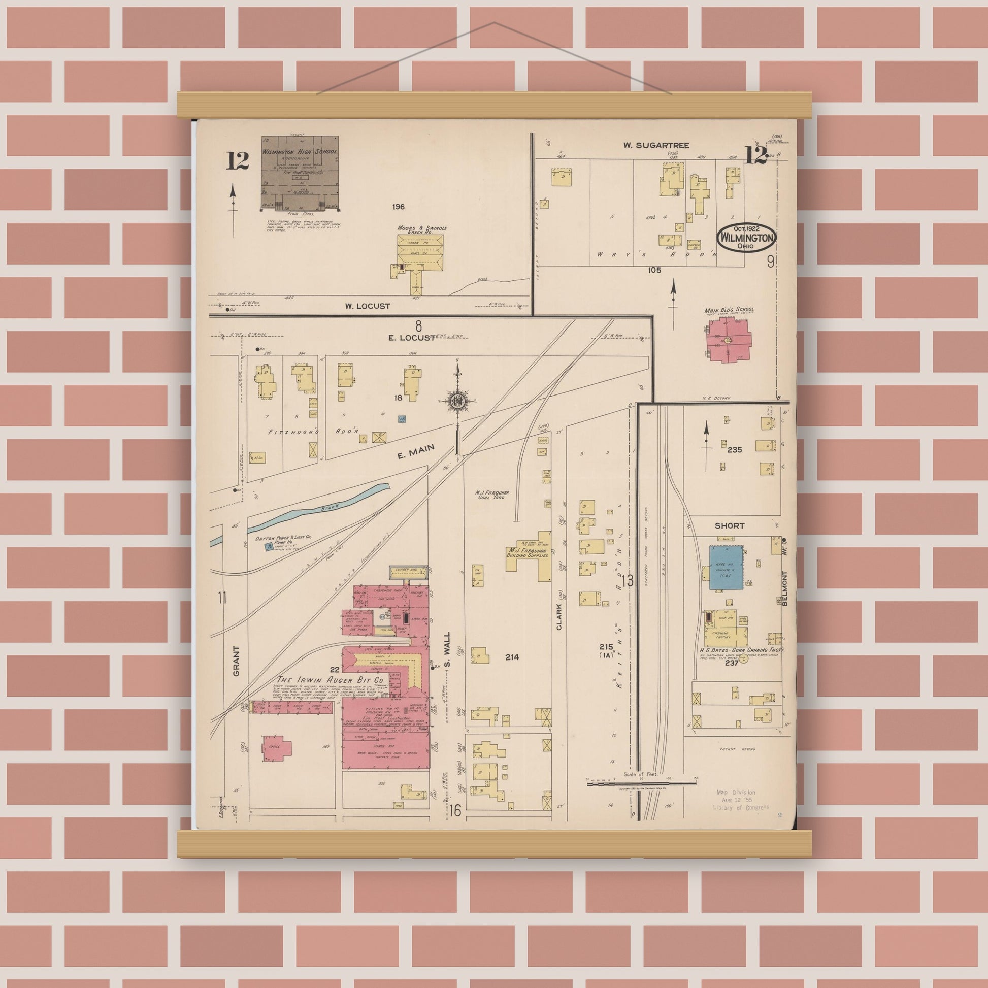 Old map wall art mockup — magnetic wood frame on brick wall — Sanborn Fire Insurance Map from Wilmington, Clinton County, Ohio (1922), Sheet #0012