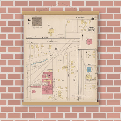Old map wall art mockup — magnetic wood frame on brick wall — Sanborn Fire Insurance Map from Wilmington, Clinton County, Ohio (1922), Sheet #0012
